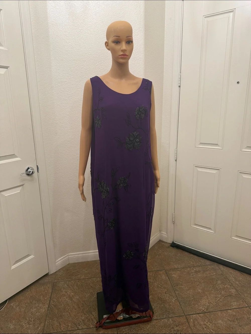 Roaman's Purple Sleeveless Embroidered Maxi Dress Black Beaded Floral Detail 16W
